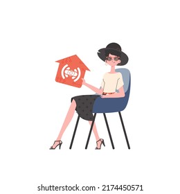 The girl sits in a chair and holds an icon of a house in her hands. IoT concept. Isolated on white background. Vector illustration in flat style.