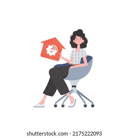 The girl sits in a chair and holds an icon of a house in her hands. Internet of things and automation concept. Isolated. Vector illustration in flat style.