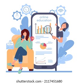 Girl sits in a chair with mobile and mug of coffee. In the background on a large smartphone, a woman teacher explains a subject. Online education, distance learning. Vector illustration.