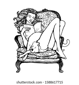 The girl sits in a chair and reads. A cat sleeps on her lap.
