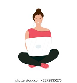 Girl sits with a computer on the floor cross-legged.Woman and laptop on an isolated white background.