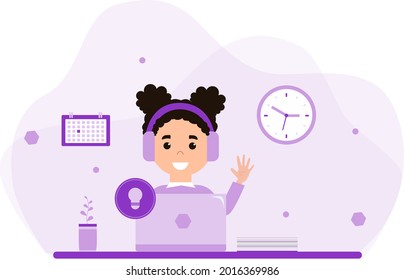 The girl sits at the computer, time management of the workplace.