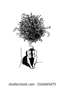 Girl sits in the corner with her head in her hands, above her a tangle of heavy thoughts