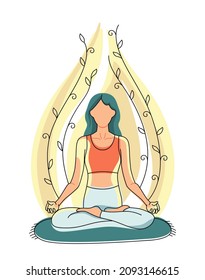 A girl sits with crossed legs on a rug, does yoga and meditates against the background of stylized plants. Flat vector illustration.