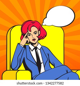 The girl sits cross-legged in the chair. Female boss with a stern thoughtful look. Empty thought cloud. Pop art. 