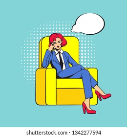 The girl sits cross-legged in the chair. Female boss with a stern thoughtful look. Empty thought cloud. Pop art. 