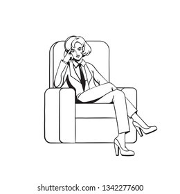 The girl sits cross-legged in the chair. Female boss with a stern thoughtful look. Outline. 