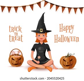 Girl sits cross-legged on the floor and eats Halloween sweets. Happy Halloween. Trick or treat. Vector illustration isolated on white
