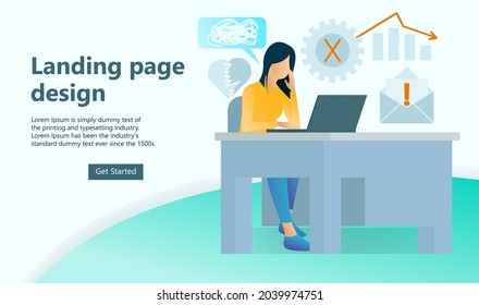 The girl sits at a desk with a laptop and thinks about the difficulties encountered. Concept illustration, girl unhappy with business problems, exhausted professional workers. Flat vector illustration