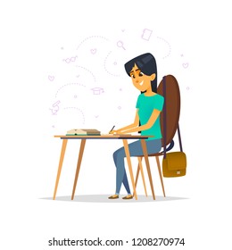 A girl sits at a desk and learns. Educational concept. Cartoon character design of girl student