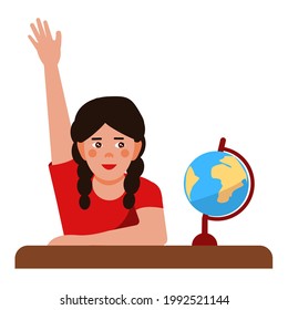 The girl sits at the desk and stretches her hand. The excellent student wants to answer the lesson. Back to school. Vector illustration in a flat cartoon style is isolated on a white background.