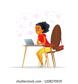 A girl sits at a desk and watches a video. Educational concept. Cartoon character design of girl student.