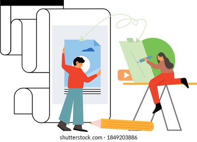The girl sits and draws, next to the guy standing, they create a design 