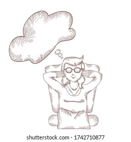 A girl sits and dreams with her eyes closed. Above her is a dream cloud for text. Vector hand-drawing - strokes.