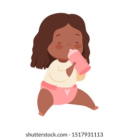 Girl sits and drinks from a bottle. Vector illustration on a white background.