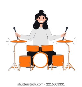 The girl sits at the drums and plays them with sticks. Vector stock illustration. White background. isolated. Musical instrument and installation. Loud noise. Concert