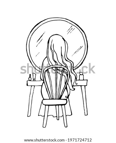 girl sits in front of a mirror, does makeup, vector, drawn with a pen