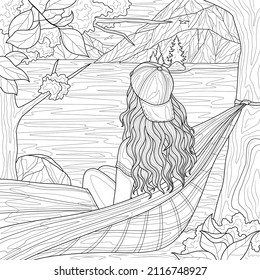 The girl sits in a hammock and looks at the lake and mountains. Landscape.Coloring book antistress for children and adults. Illustration isolated on white background. Zen-tangle style. Hand draw