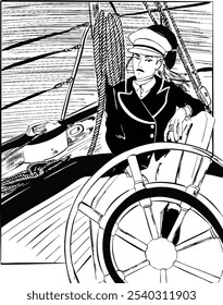 A girl sits at the helm of a yacht against the backdrop of the sea. Black and white illustration. Sketch. Suitable for a poster or postcard.