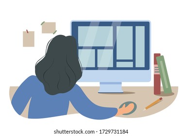 La niña se sienta con ella en la mesa y en la computadora. Trabajar desde casa. Cuarentena durante una pandemia. Lugar de trabajo, libros, cactus, lámpara. Mujer independiente.