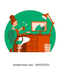 A girl sits at a home computer, drinks coffee and draws on a graphics tablet. There is a smile on his face. Remote work and a favorite hobby. Vector isolated illustration.
