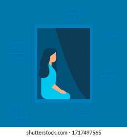 Girl sits at home and looks out of window in evening or at night. Lonely young woman isolated on quarantine at home. Vector blue illustration