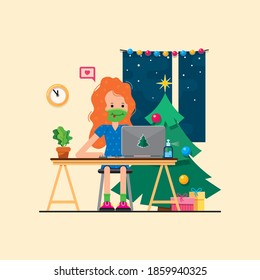 A girl sits at home on Christmas night at a laptop, communicates with her beloved and friends. The house is decorated with spruce lights, gerlend and gifts. Flat cartoon style. Vectron illustration.