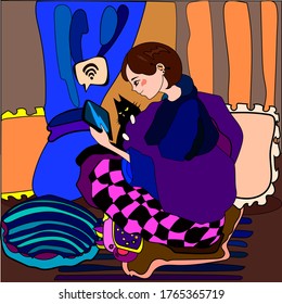 
The girl sits at home on the couch, among soft mods, plaids in bright pajamas, next to which is a black cat attentively looking at the tablet that the girl is holding and watching social networks