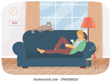 Girl sits at home and reads. Woman with book in her hands spending time in apartment. Female character is reading and resting. Cat owner sits on couch and studies book. Leisure, pastime at home