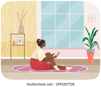 Girl sits at home and reads. Woman with book in her hands spending time in apartment. Female character is reading and resting after work. Sits on floor and studies book. Leisure, pastime at home