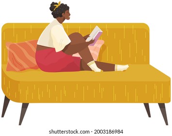 Girl sits at home and reads. Woman with book in her hands spending time in apartment. Female character is reading and resting after work. Sits on couch and studies book. Leisure, pastime at home