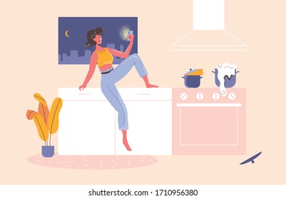 Girl sits in a kitchen, makes selfie, chats online, procrastinates in social networks, ignoring her boiling pots. Mobile phone dependence.