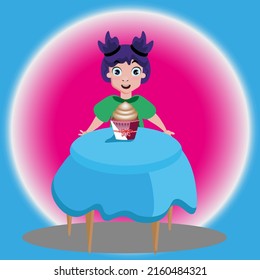The girl sits at the kitchen table and wants to eat a cupcake