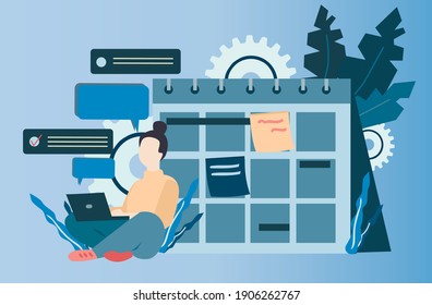 The girl sits with a laptop plans tasks.