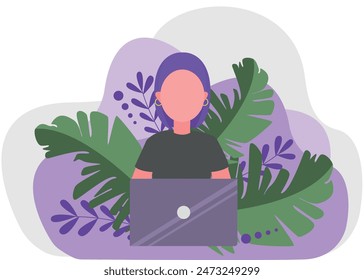 The girl sits at the laptop and works. Remote work. Work without stress and in harmony. Flat illustration