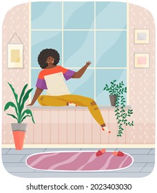 Girl sits and looks out window. She thinks about something with her eyes closed. Time to relax. Female character rest in cozy interior sitting on windowsill. Spend time at home enjoy beautiful scenery