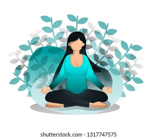 Girl Sits In Lotus Position. Benefits of Meditation and Yoga for Peace of Mind and Emotion, Beginning of Idea and Inspiration. Vector Illustration For Web Page, Element, Banner, UI. Flat Cartoon Style