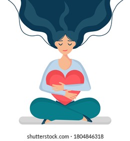 Girl sits in the lotus position, hugs a big heart with love and care. Self care, love yourself icon or body positive concept.  Vector illustration, isolated on white.