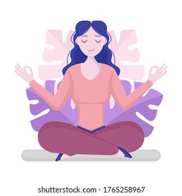 Girl sits in the lotus position, isolated, the inception and the search for ideas. Mindfulness, meditation and yoga background. Concept of health benefits for the body, mind and emotions. Vector.