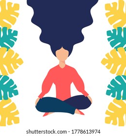 Girl sits in the lotus position, isolated, the inception and the search for ideas. Mindfulness, meditation and yoga background. Concept of health benefits for the body, mind and emotions. Vector.