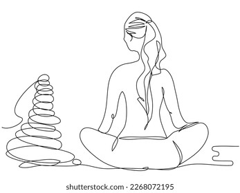A girl sits in a lotus position with Latza stones in one line on a white background. Yoga classes and maintaining spiritual balance. Conceptual Woman from back view. Stock vector illustration.