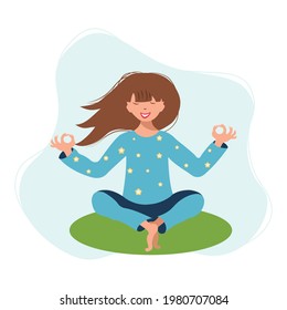 The girl sits in the lotus position and meditates. The concept of relaxation, yoga, meditation for lovers of a healthy lifestyle. Vector illustration in a flat style.