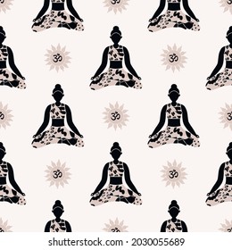 
The girl sits in the lotus position and meditates. Yoga pattern. Vector background in flat style. Can be used to decorate a website, brand, packaging.