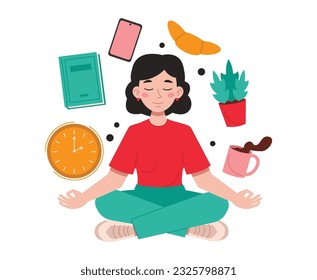 Girl sits in the lotus position and meditates. Everyday things fly around. Vector graphic.