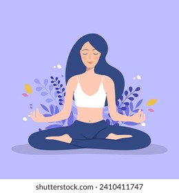 the girl sits in the lotus position and meditates on a lilac background