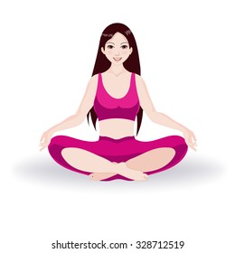 Girl sits in the lotus position for meditation. She practices yoga. She is dressed in red clothes. Her hands are on her knees.