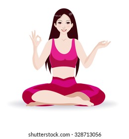 Girl sits in the lotus position for meditation. She practices yoga. She is dressed in red clothes. She shows a hand gesture okay.