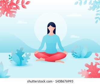 Girl sits in the lotus position, practices meditation on nature. Vector illustration