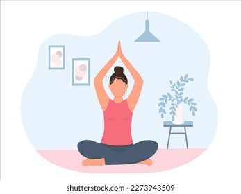 The girl sits in a lotus position, raises her hands up above her head. Woman doing  asana yoga. Vector graphics.