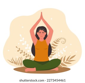 The girl sits in a lotus position, raising her hands up above her head. Woman doing yoga. Vector graphics.